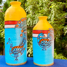 Load image into Gallery viewer, Madhubani Painted Terracotta Vase : Peacock Blue (Set of 2)